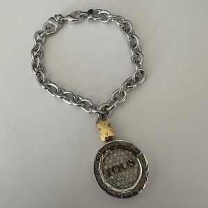 Tous Silver Tone Crystal Logo Charm Chain Bracelet Womens 7.5 Inch Bear Pendant